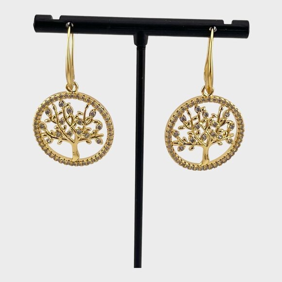 Gold Filled Tree of Life Earrings Pave CZs 18KT Gold Filled - Picture 2 of 8